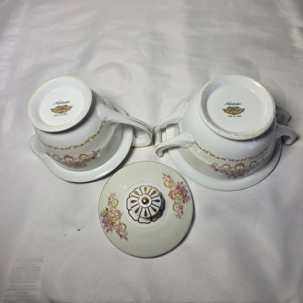 Noritake Vintage Floral Sugar Bowl and Creamer Set Gold Trim Made in Japan